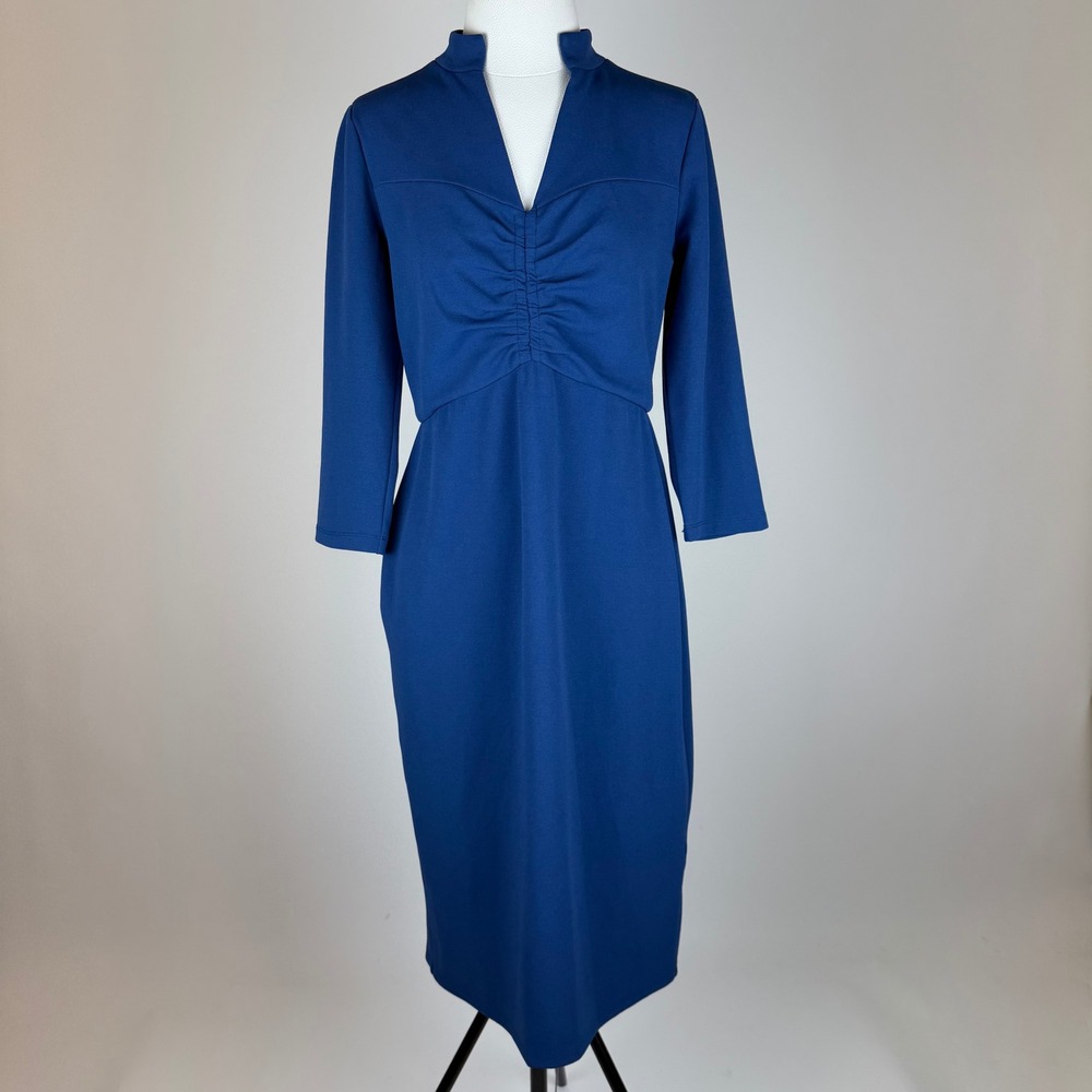 Donna Morgan Blue Ruched V-Neck Sheath Dress 3/4 Sleeve Midi Womens Size 6 Work